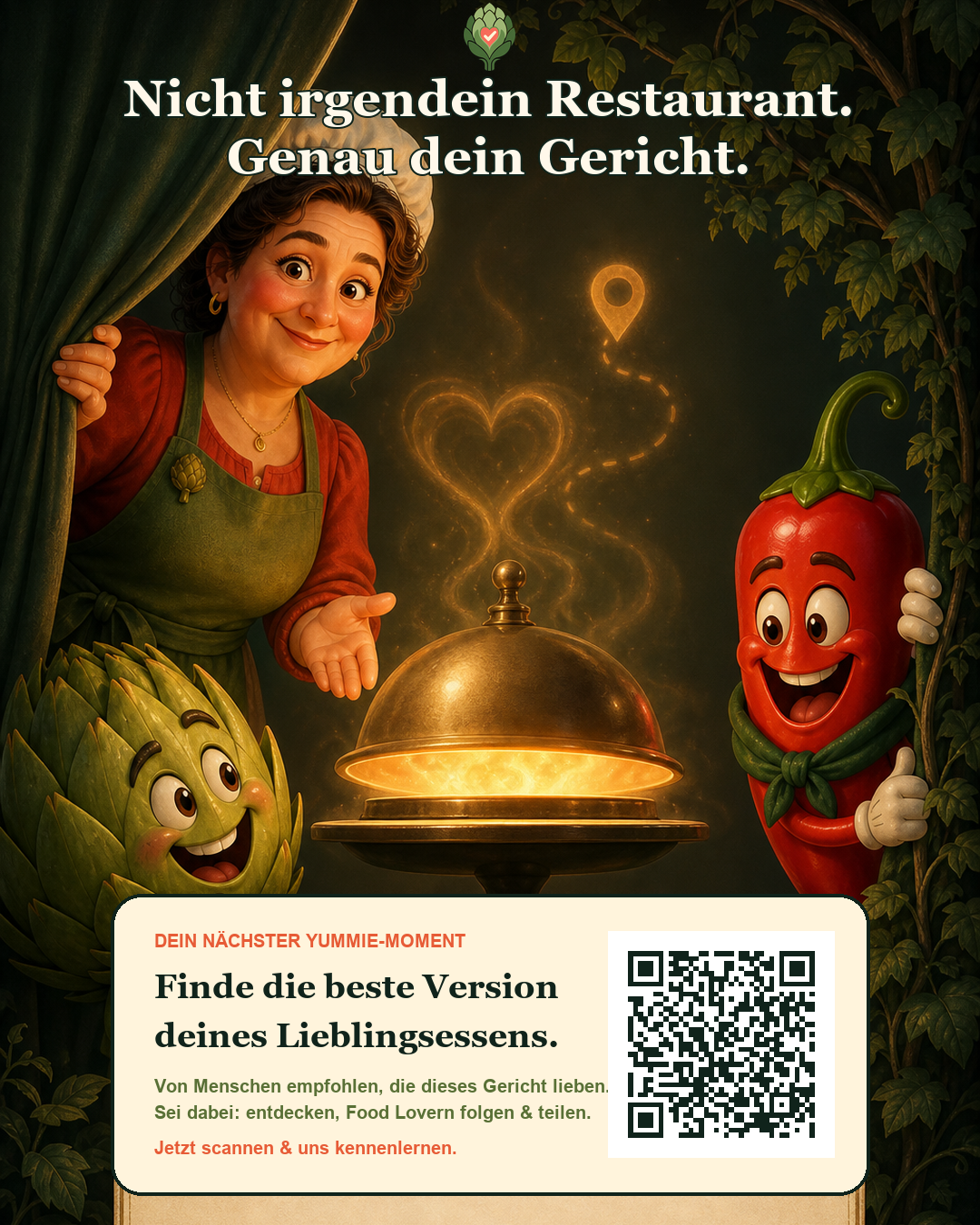 Yummie Check Flyer mit Anton, Markus, Donna Yummie und QR-Code